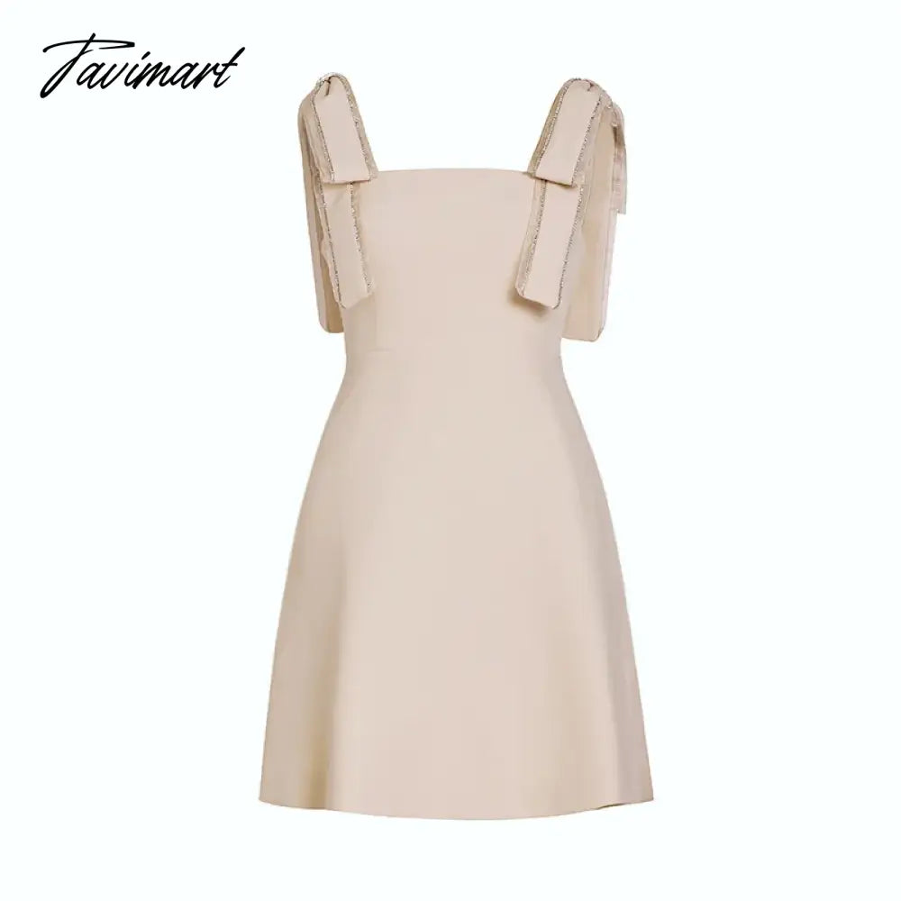 Women Summer Korean Handmade Bowknot Bright Diamond Apricot Fairy Dress Soild Sleevess High Waist New Party Elegant A-line Dress