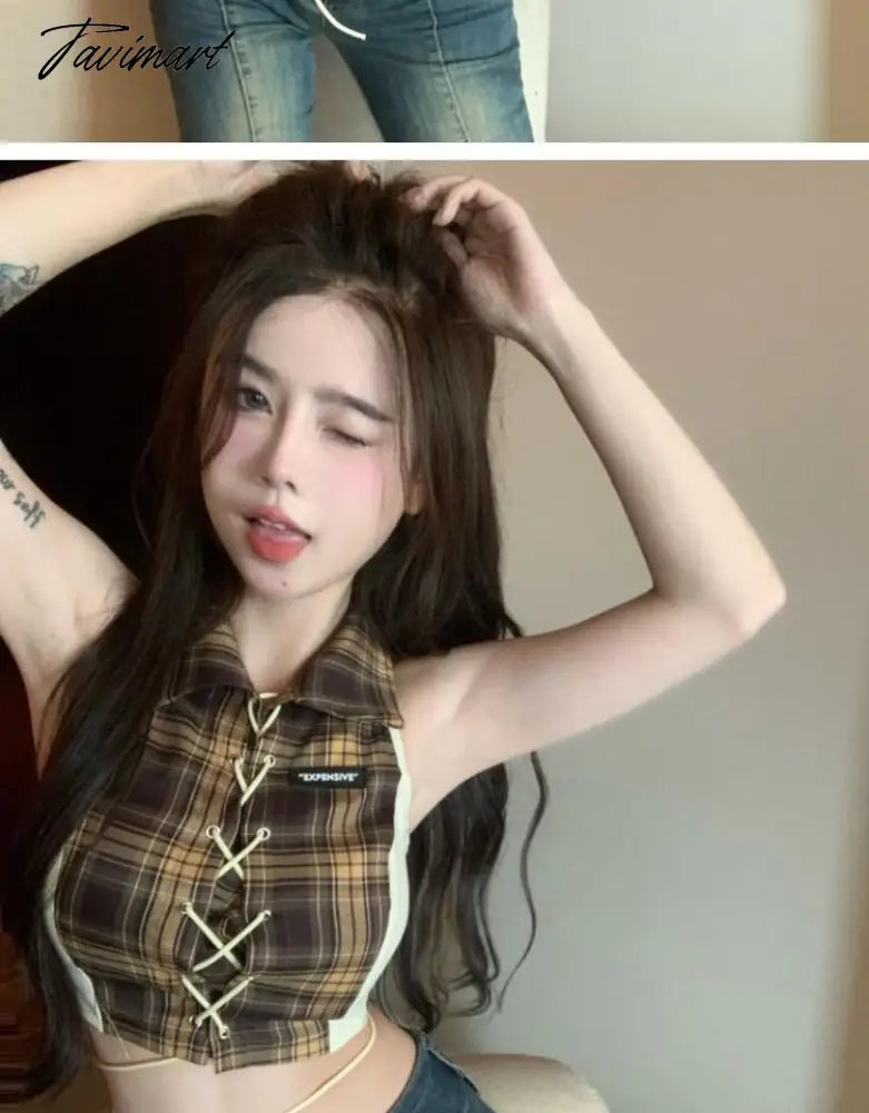 women summer plaid patchwork sexy sleeveless bandage crop top femme turn down collar Y2k Tank Streetwear