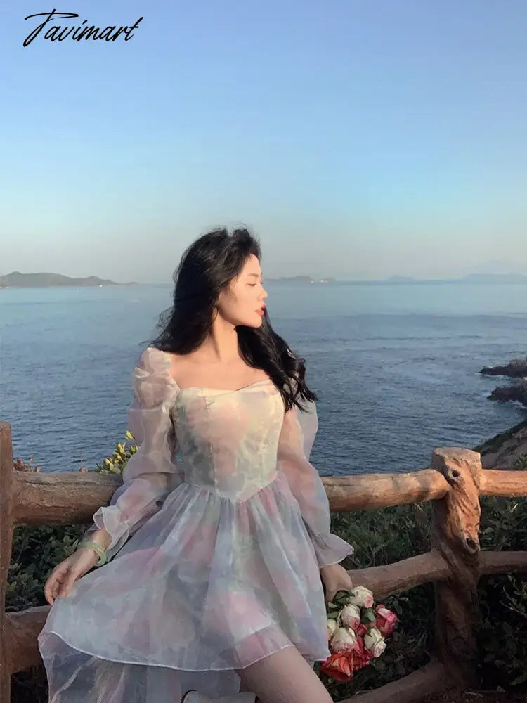 Women Summer Super Organza Fairy Princess Puff Sleeve Long-sleeved Dress Lady Temperament Garden Party Dress Female Puff Dress