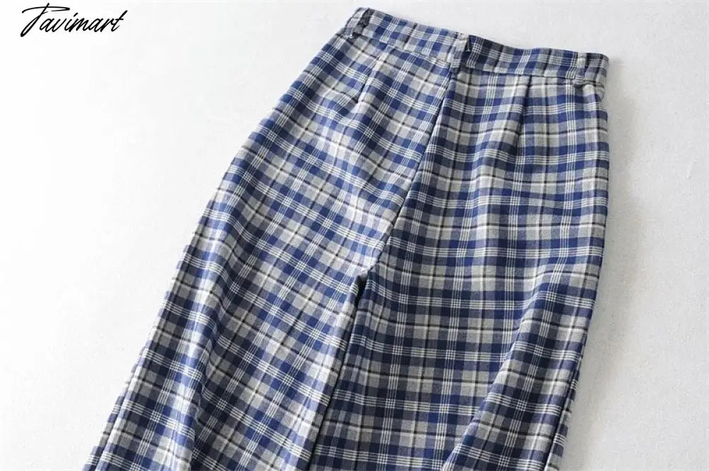 Women Tailored Wide Leg Trousers In Blue Plaid Wide Leg Pants