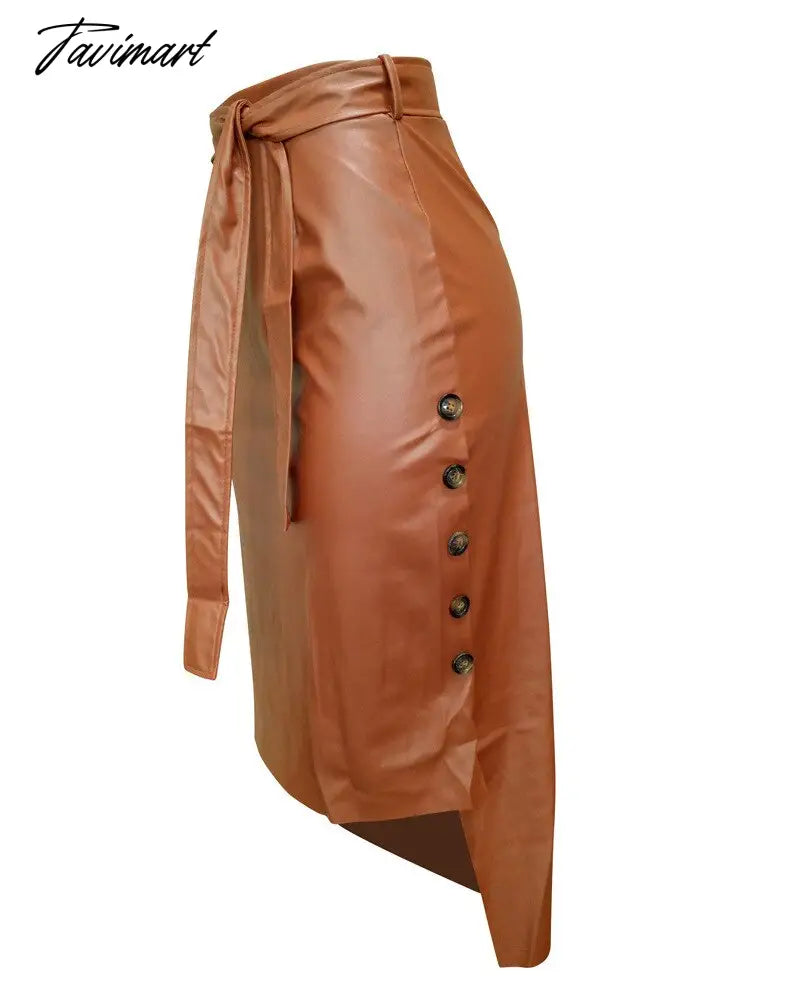 Women Trendy PU Solid Color High Waist Lace-up Side Button Slim Skinny Pencil Pencil Skirt for Ladies Streetwear Leather Skirt