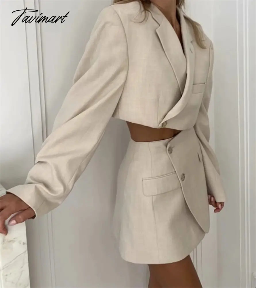 Women Two Piece Suit Cropped Blazer And Wrap Mini Skirt Crop One Button Suit Blazer And Mini Skirt Set WLFG