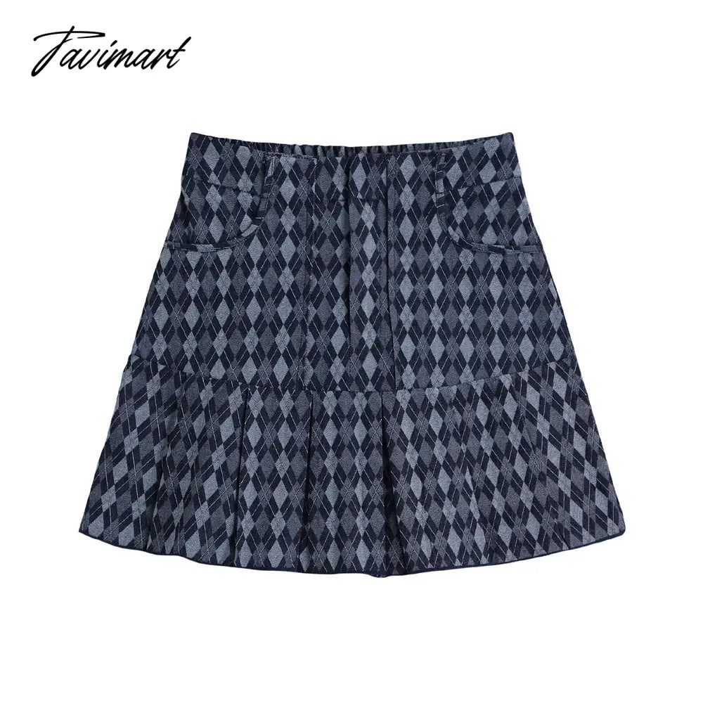 Women Vintage Casual Blue Plaid Denim Shorts Skirt Autumn Winter Elegant Elastic High Waist Pleated A-line Fashion A-line Skirt