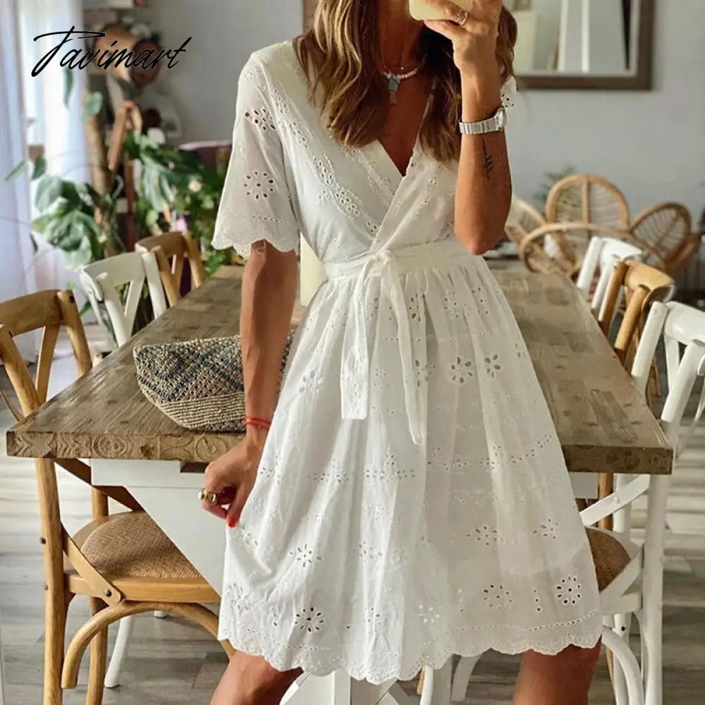 Women Vintage Short Sleeve Tie-Up White Dress Lady Hollow Out Pattern Solid Midi Dress New Elegant V-Neck Lace Embroidered Dress