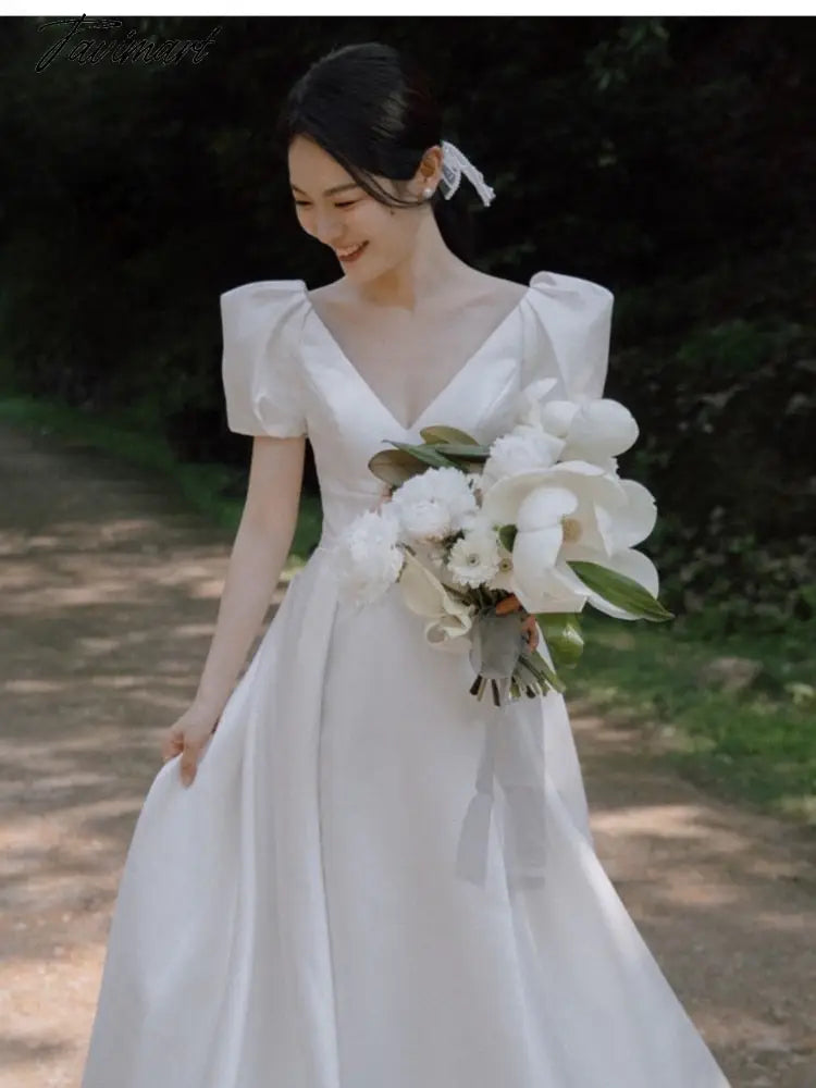 women white v-neck simple high waist wedding dress female satin puff sleeve elegant prom dress Bridal Gowns Train Vestidos