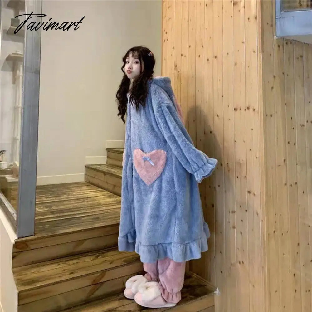 Women Winter Thick Coral Velvet Kawaii Rabbit Ears Nightgowns Pocket Girls Homewear Korean Fashion Femme Sleepshirts Nightdress