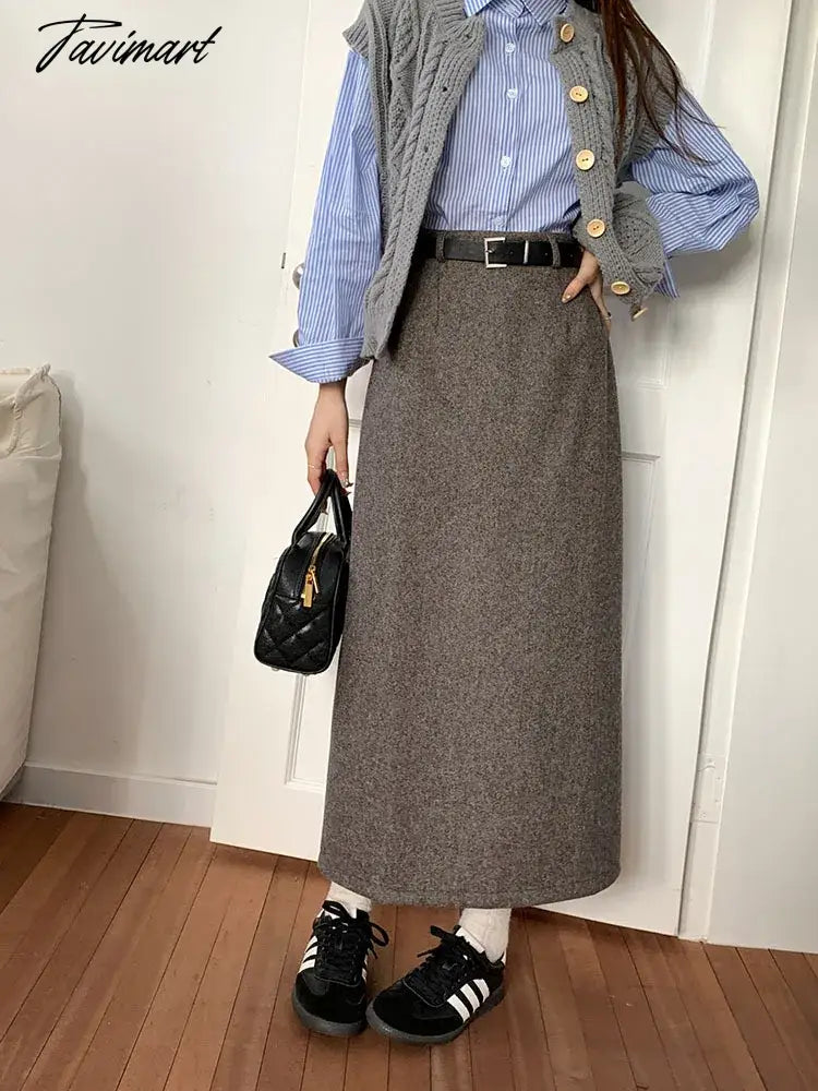 Woolen Long Skirt Women Korean Style High Waist Straight Office Lady Elegant Vintage Warm Midi Skirt with Slit Winter