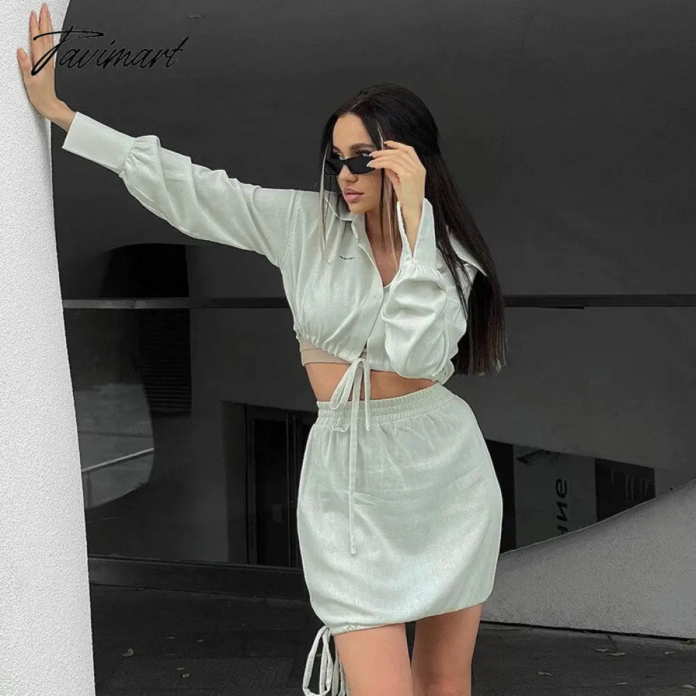 Y2K 2 Piece Skirt And Crop Top Set Women Fall Outfits Solid Color Long Sleeve Fashion Suit Drawstring Ladies Clothes