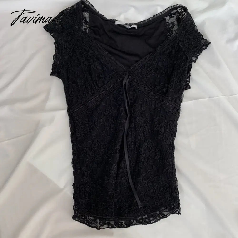Y2K Fairy Vintage Lace Black T-shirt Cute Bow V Neck Slim Fit Crop Top Retro Aesthetic Grunge Milkmaid Tees Women