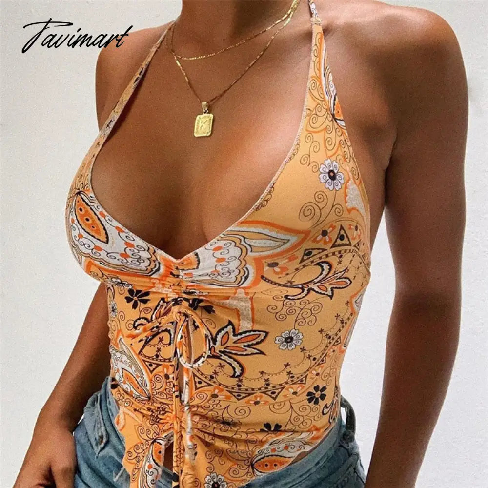 Y2K Paisley Print Halter Top Sexy Women V Neck Backless Off Shoulder Bandage Ruched Cropped Top Summer Boho Vintage Tanks Vest