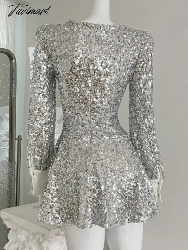 Y2K Sequins Mini Dress Women Ecening Party Prom Vestidos Long Sleeve V-neck Bow Design Korean Fashion Birthday A-line Dresses