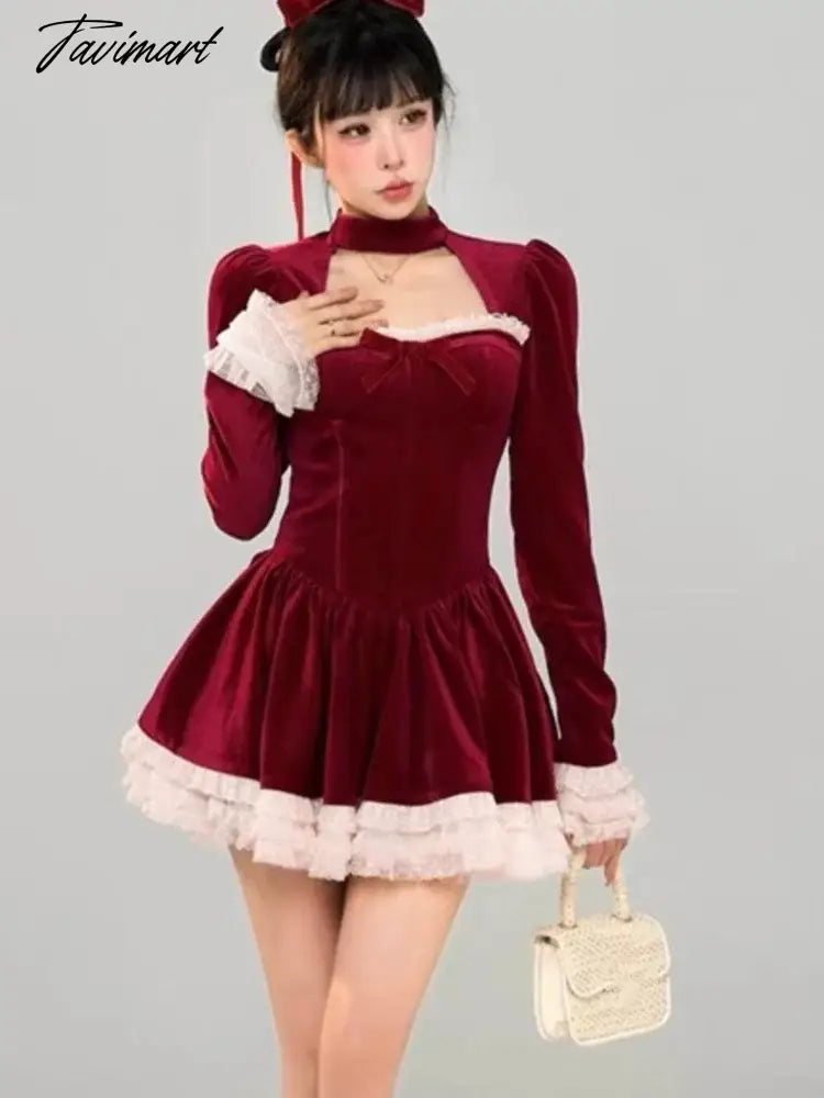 Y2K Velvet Mini Dress Women Lace Ruffles Patchwork Square Collar Autumn Spring Christmas Party A-line Princess Vestidos Mujer
