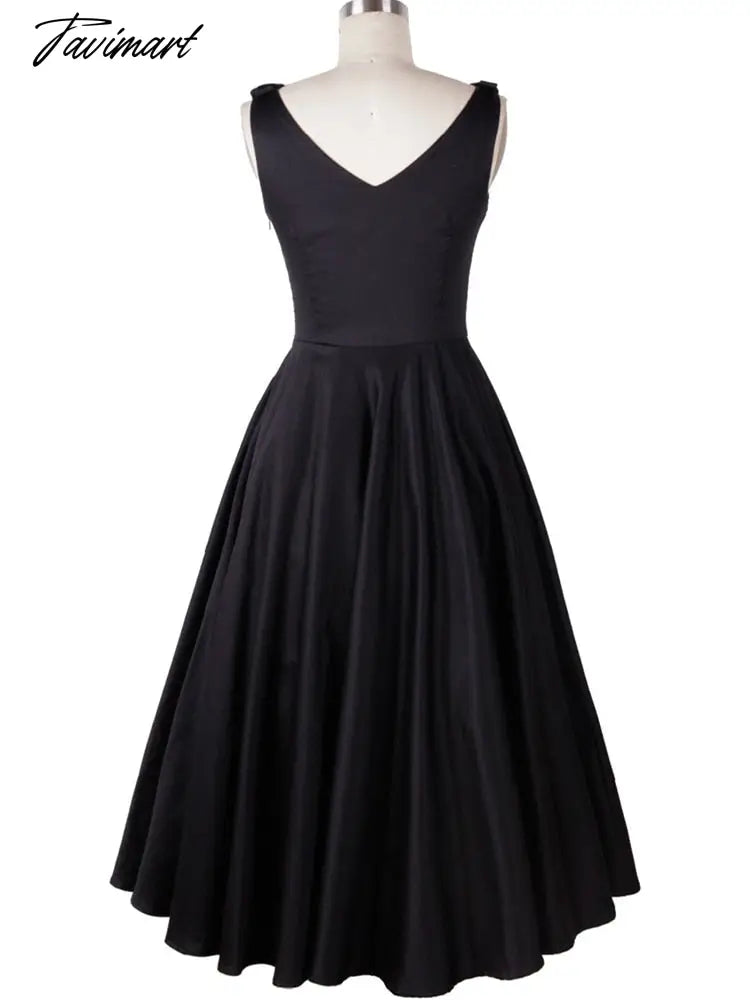 Tavmart Audrey Hepburn Sleeveless Vintage Style 50s 60s Dresses Little Black Elegant Casual Dress V Neck High Waist Women Clothing