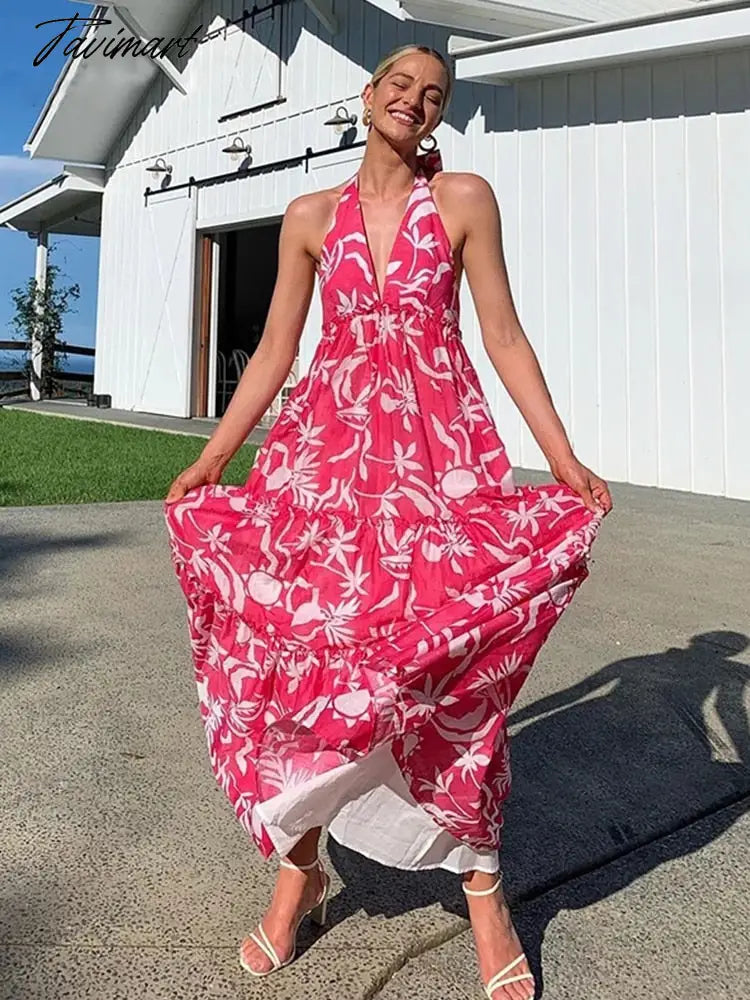 Tavmart Sexy Halter Backless Dress Women Summer Maxi Long Dress Pink Floral Boho A-line Elegant Beach Sleeveless Beach Dress A1506