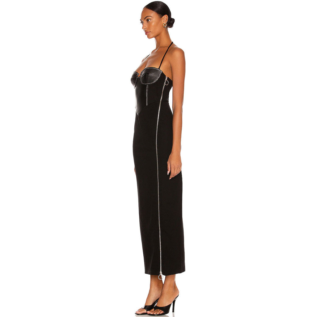 Halter Faux Leather Corset Panel Zip Thigh Slit Column Maxi Dress