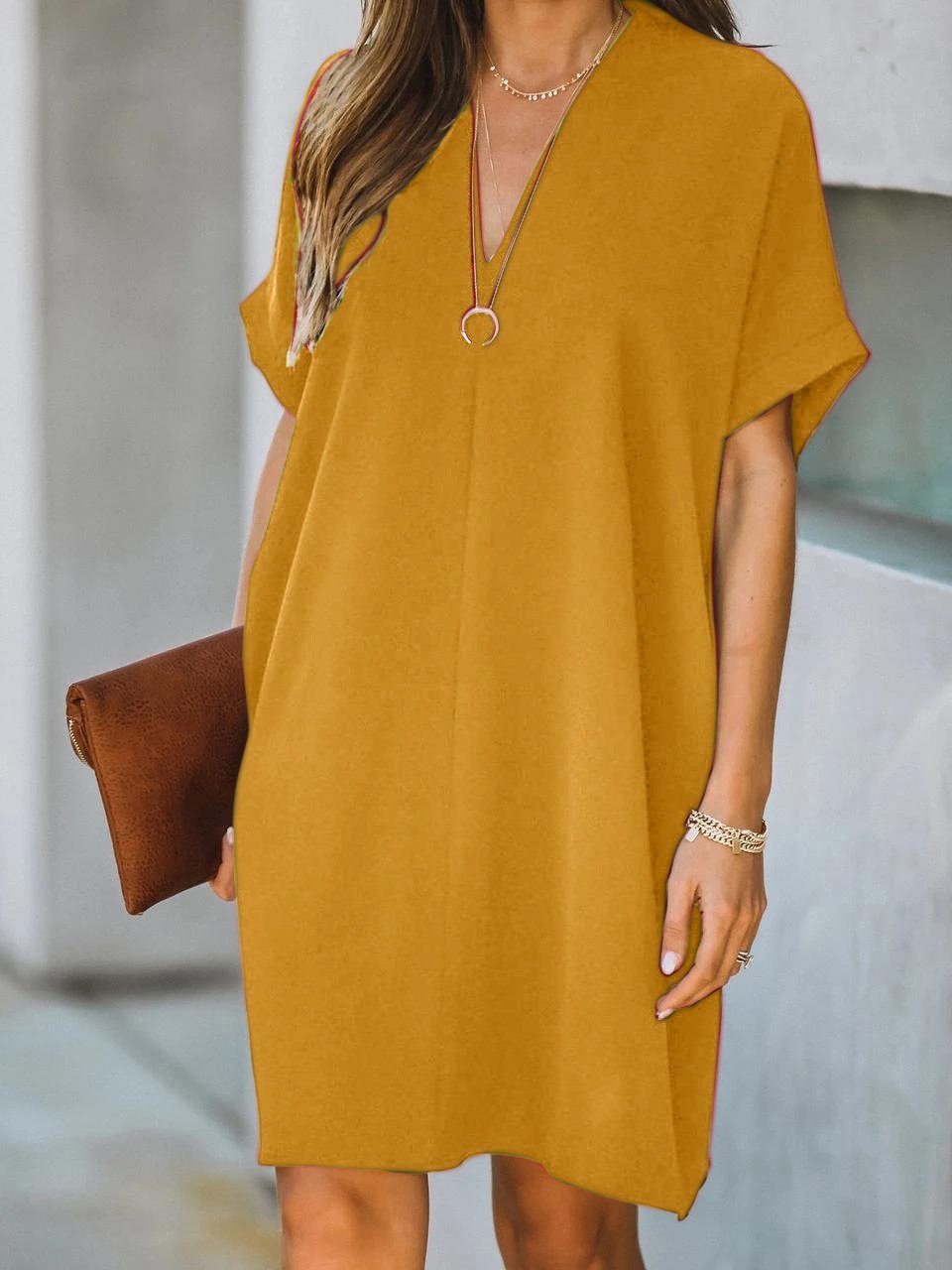 V-Neck Rolled Cuff Short Sleeve Center Seam Shift Mini Dress