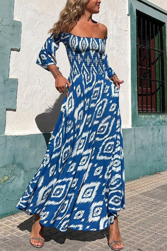 ® Close To The Vacation Ethnic Print Smocked Off Shoulder Pocketed Maxi Dress