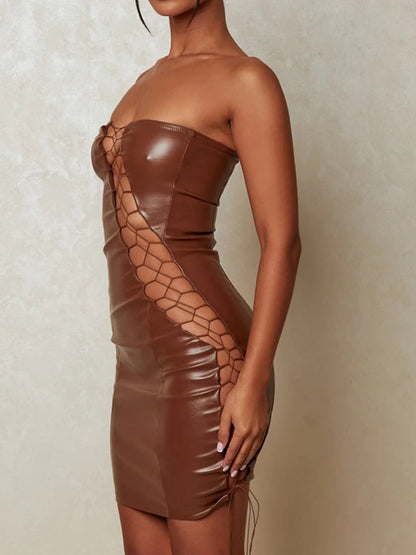 PU Leather Hollow Out Strapless Bra Waist-cinching, Hip-hugging, Bust-shaping Party Mini&Short Dresses