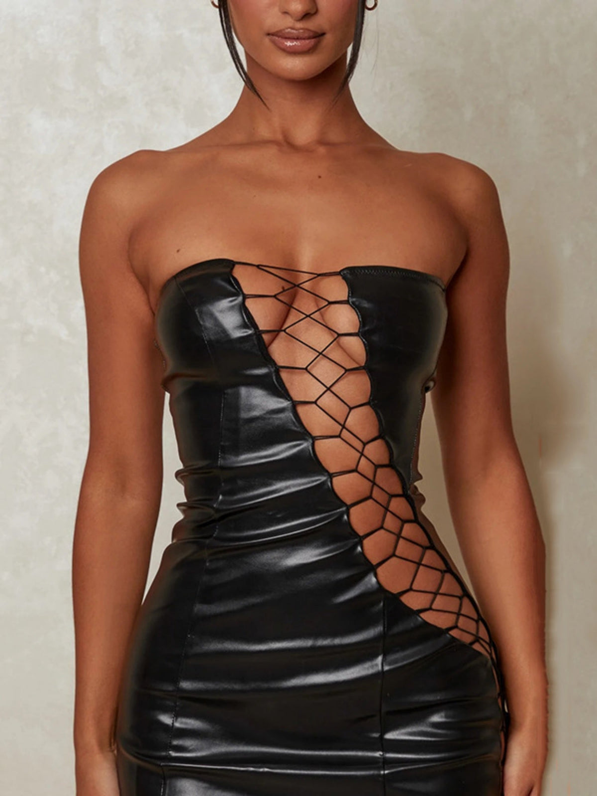 PU Leather Hollow Out Strapless Bra Waist-cinching, Hip-hugging, Bust-shaping Party Mini&Short Dresses