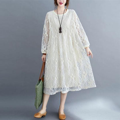 Round Neck Floral Lace Overlay Babydoll Waist Long Sleeve Midi Dress