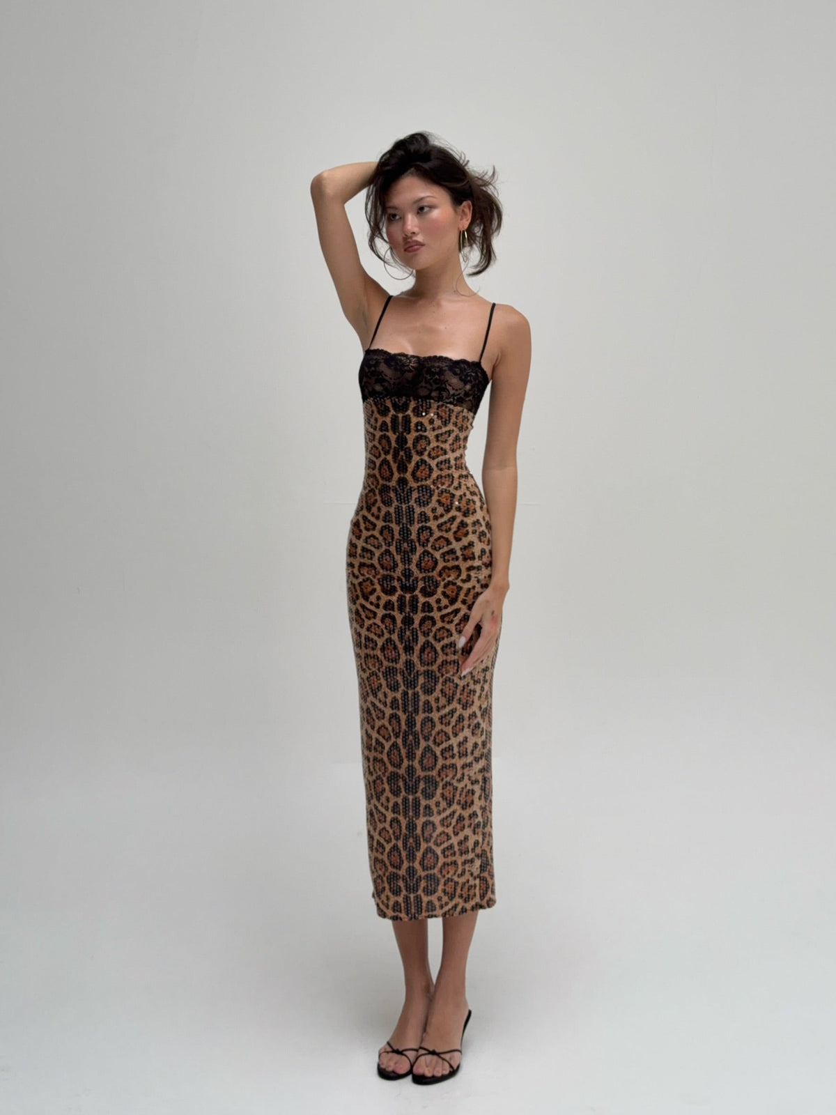 Square Neck Lace Trim Print Rib Knit Bodycon Midi Dress