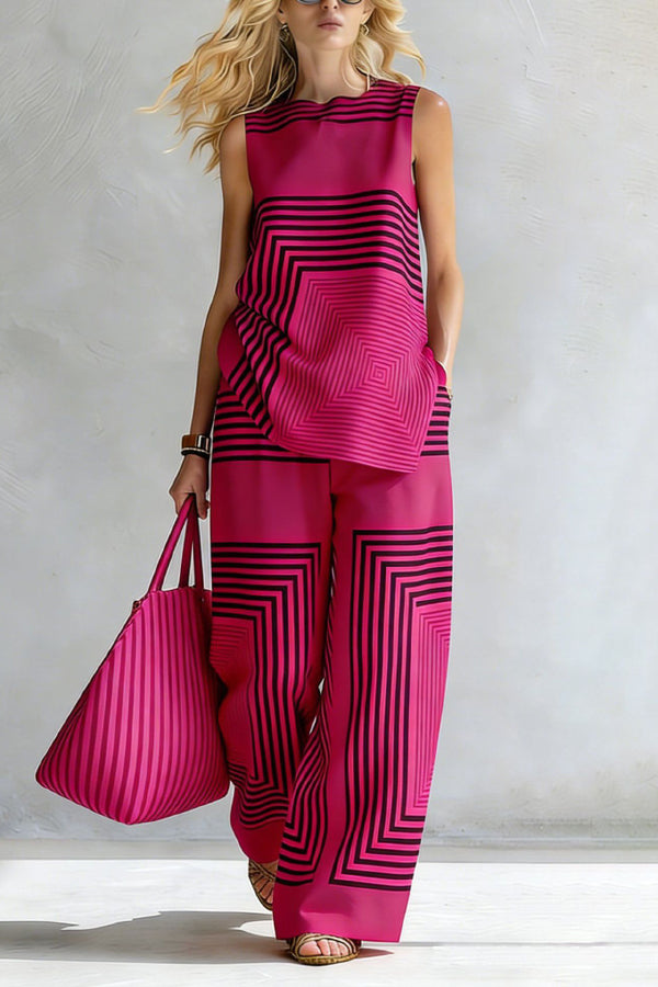 Geometric Print Loose-fitting Round Neck Sleeveless Top and Elastic Waist Casual Pocket Wide-leg Pants Set