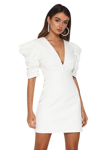 Deep V-Neck Exaggerated Puff Sleeve Structured Bodycon Mini Dress