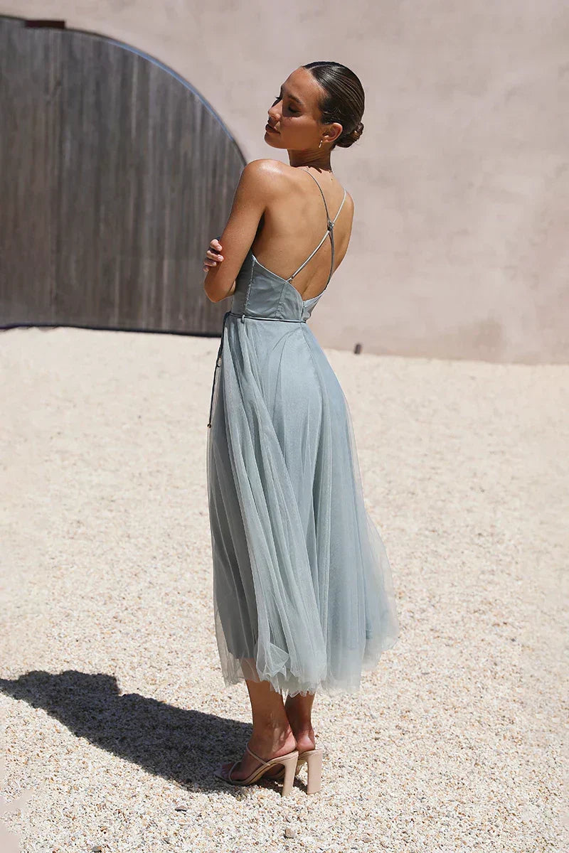 Sweetheart Neck Corset Mesh Trim Tie Waist Tulle Tiered Midi Dress