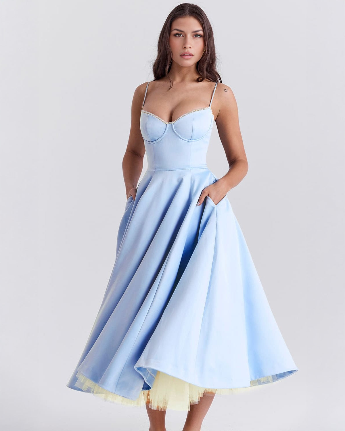 Sweetheart Corset Spaghetti Strap Pleated Fit and Flare Midi Dress