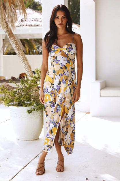 Sweetheart Knot Cutout Spaghetti Strap Floral Side Slit Maxi Dress