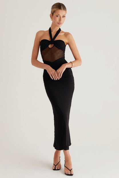 Halter Neck Knot Front Keyhole Cutout Mesh Panel Ruched Bodycon Maxi Dress