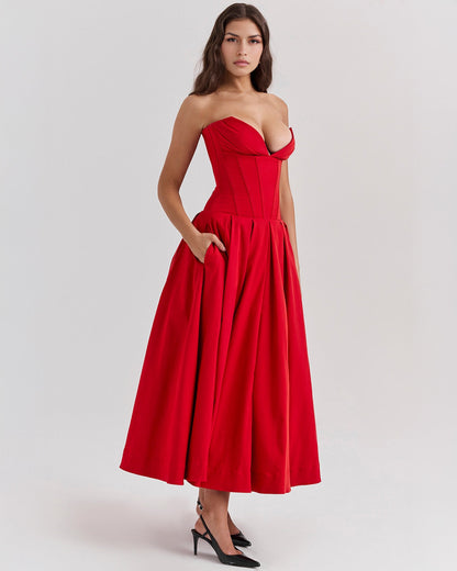 Strapless Corset Plunging Sweetheart Neck Pleated Full Skirt Pocket Midi Dress