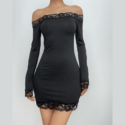Off Shoulder Lace Trim Long Sleeve Bodycon Mini Dress