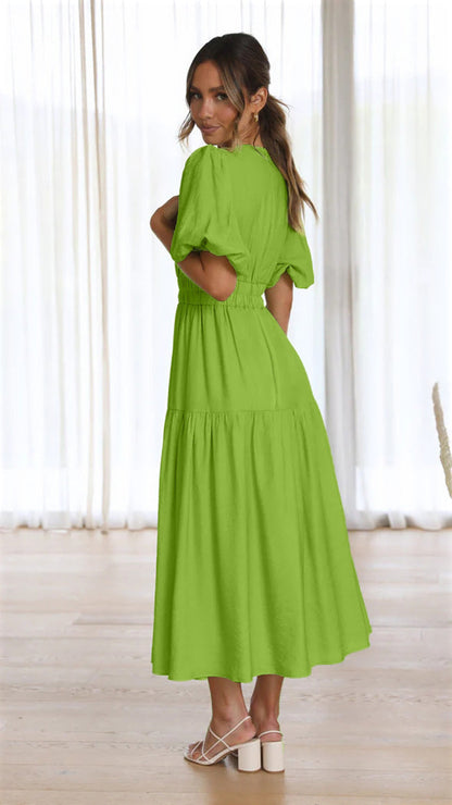 Deep V Neck Puff Sleeve Smocked Waist Tiered Midi Dress
