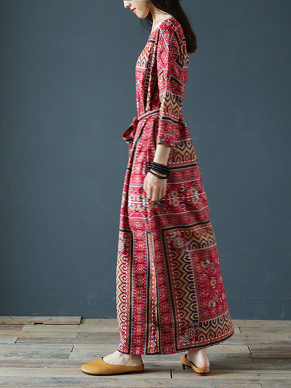 Boat Neck Three Quarter Sleeve Ethnic Geometric Print Tie Waist Maxi Dress