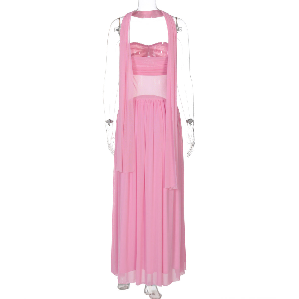 Halter Deep V Ruched Column Maxi Dress