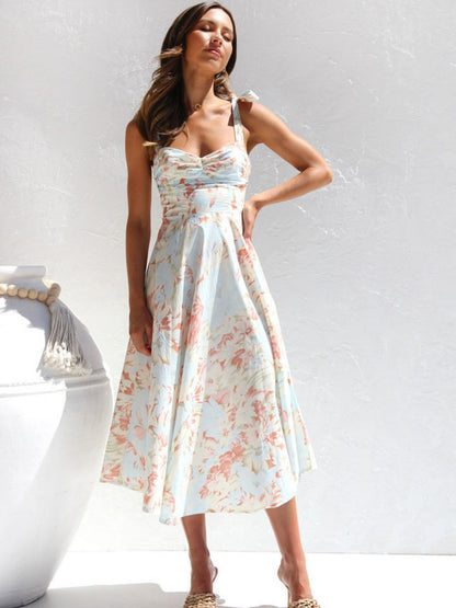 Waist V-neck Bandage Camisoles Printed Vacation And Leisure Maxi Dresses