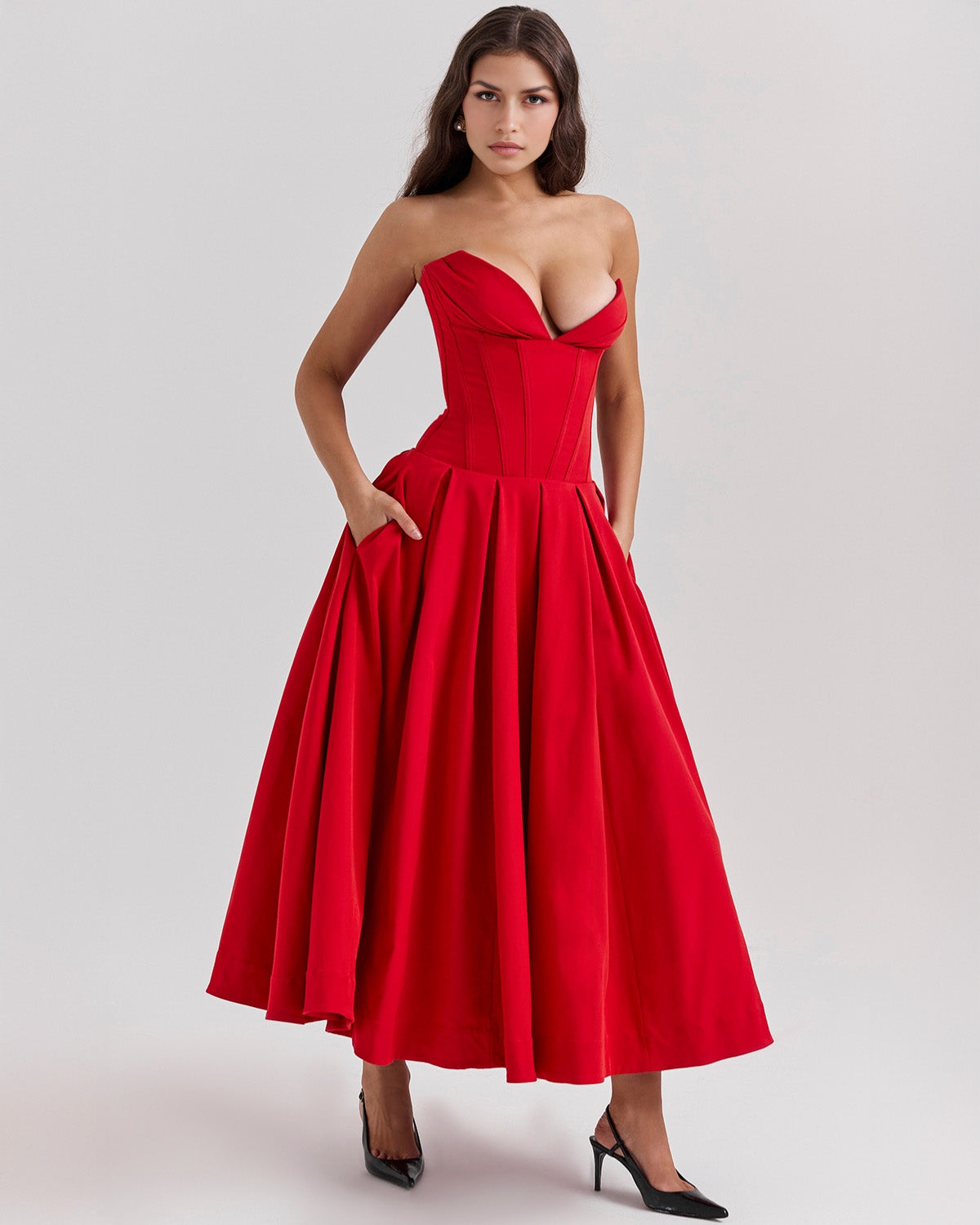Strapless Corset Plunging Sweetheart Neck Pleated Full Skirt Pocket Midi Dress