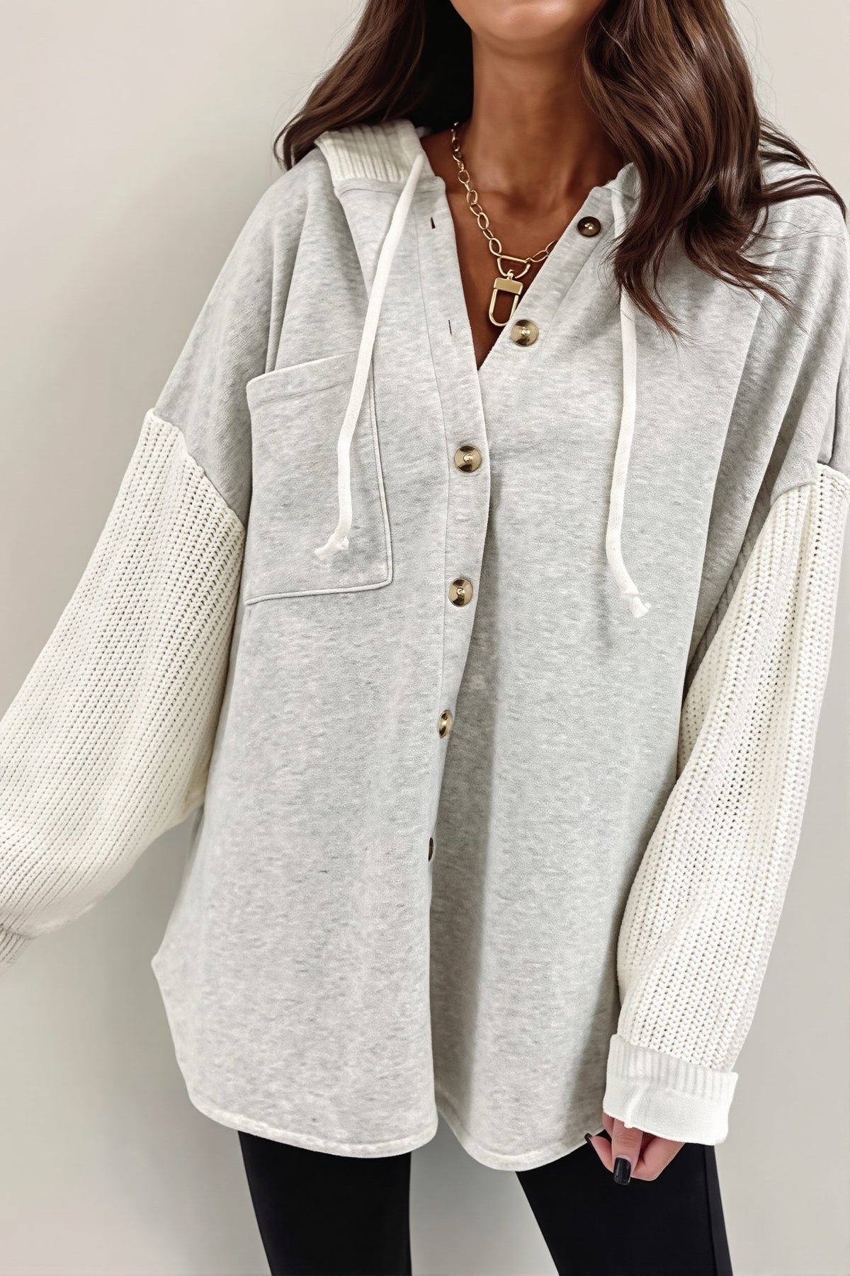 Ribbed Sleeve Patchwork Button Hoodie