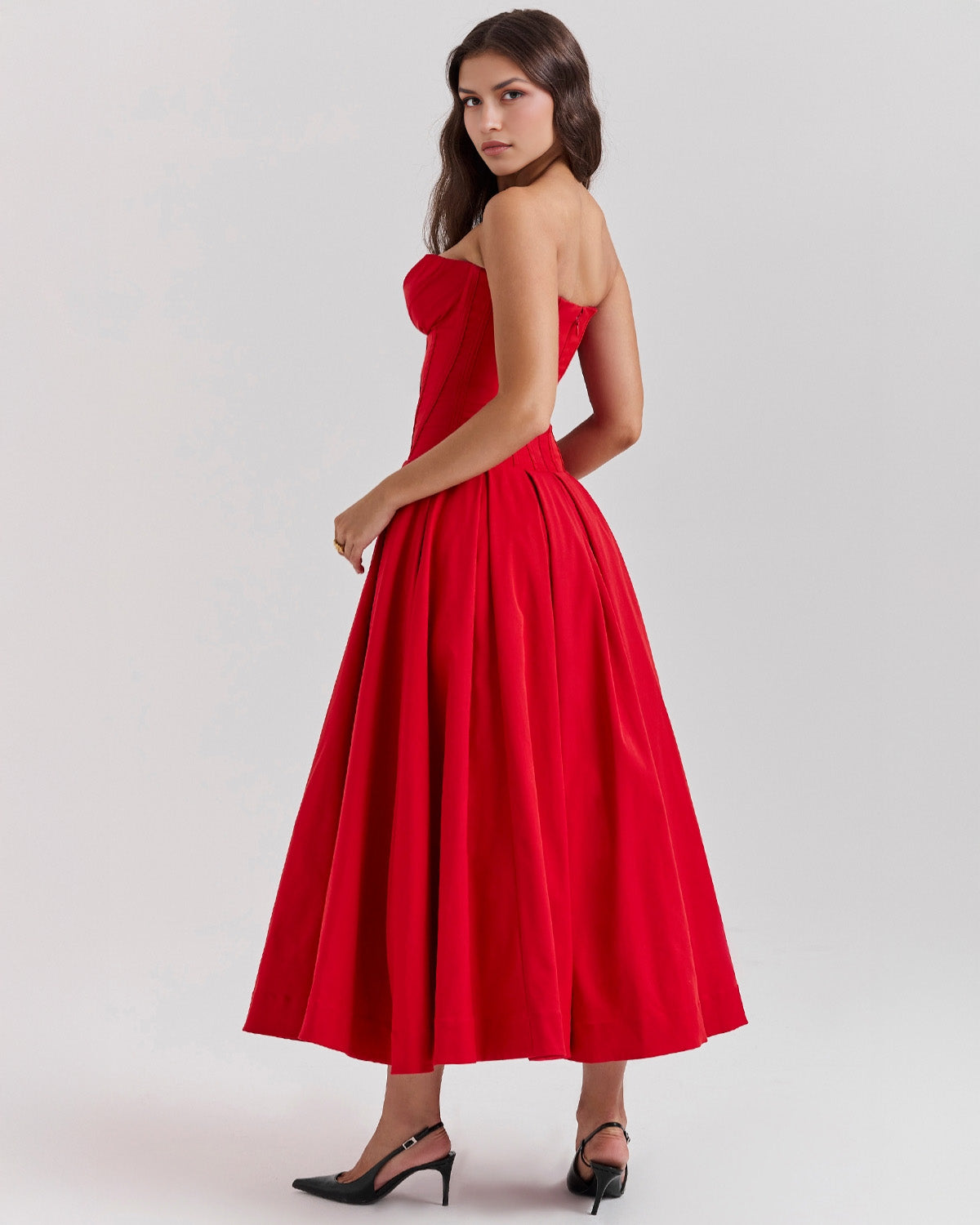 Strapless Corset Plunging Sweetheart Neck Pleated Full Skirt Pocket Midi Dress