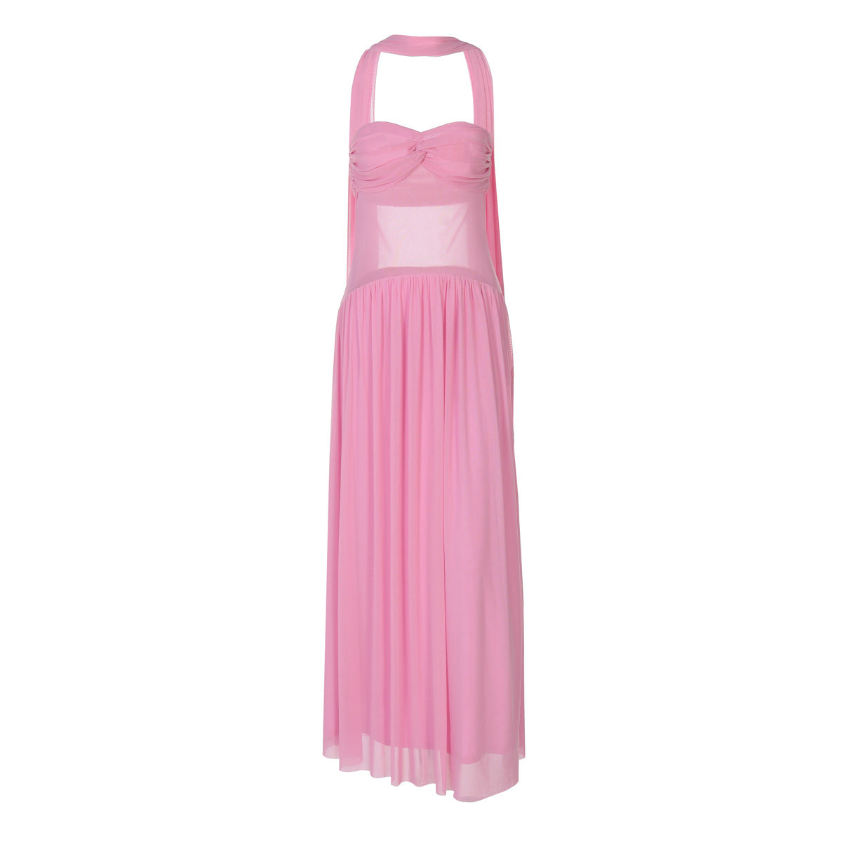 Halter Deep V Ruched Column Maxi Dress