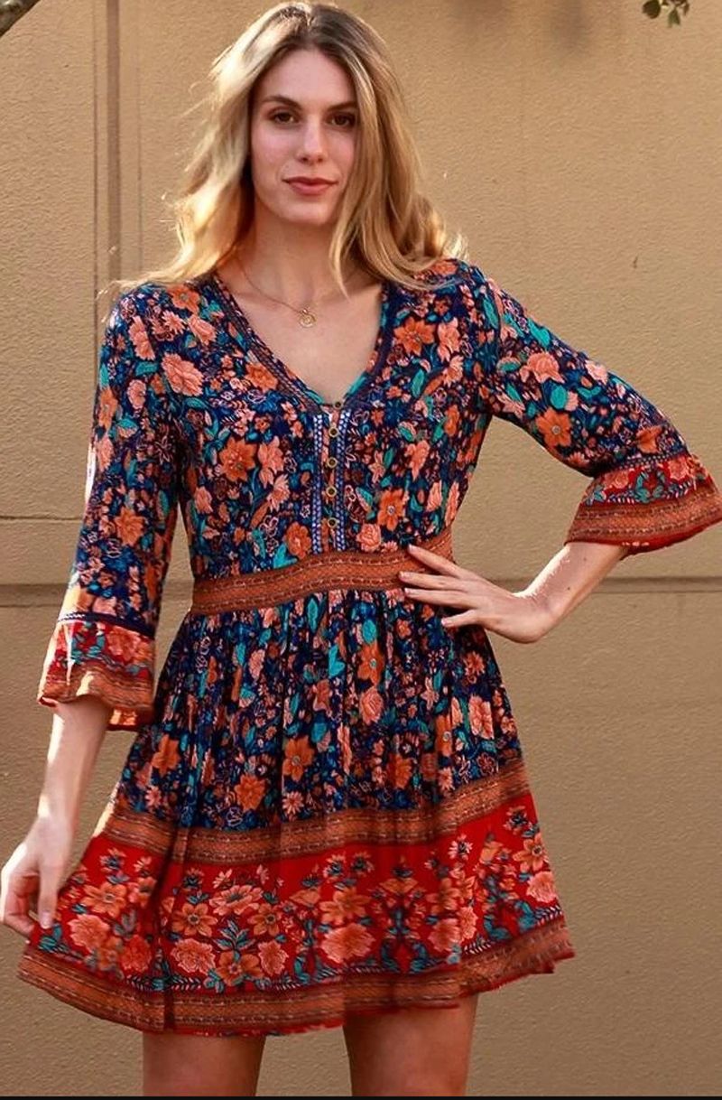 Collared Button Front Tassel Trim Geometric Print Shirt Dress