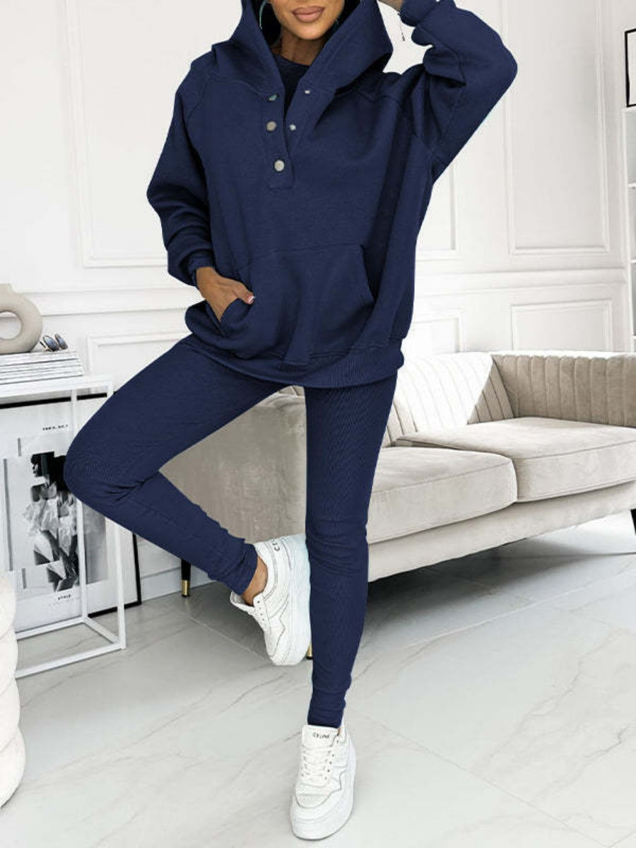 Sporty Casual Hoodie Sweatshirt, Ribbed Slim Fit Vest And Pants Three-piece Set