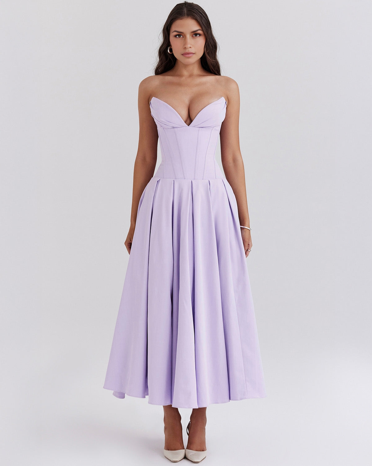 Strapless Corset Plunging Sweetheart Neck Pleated Full Skirt Pocket Midi Dress