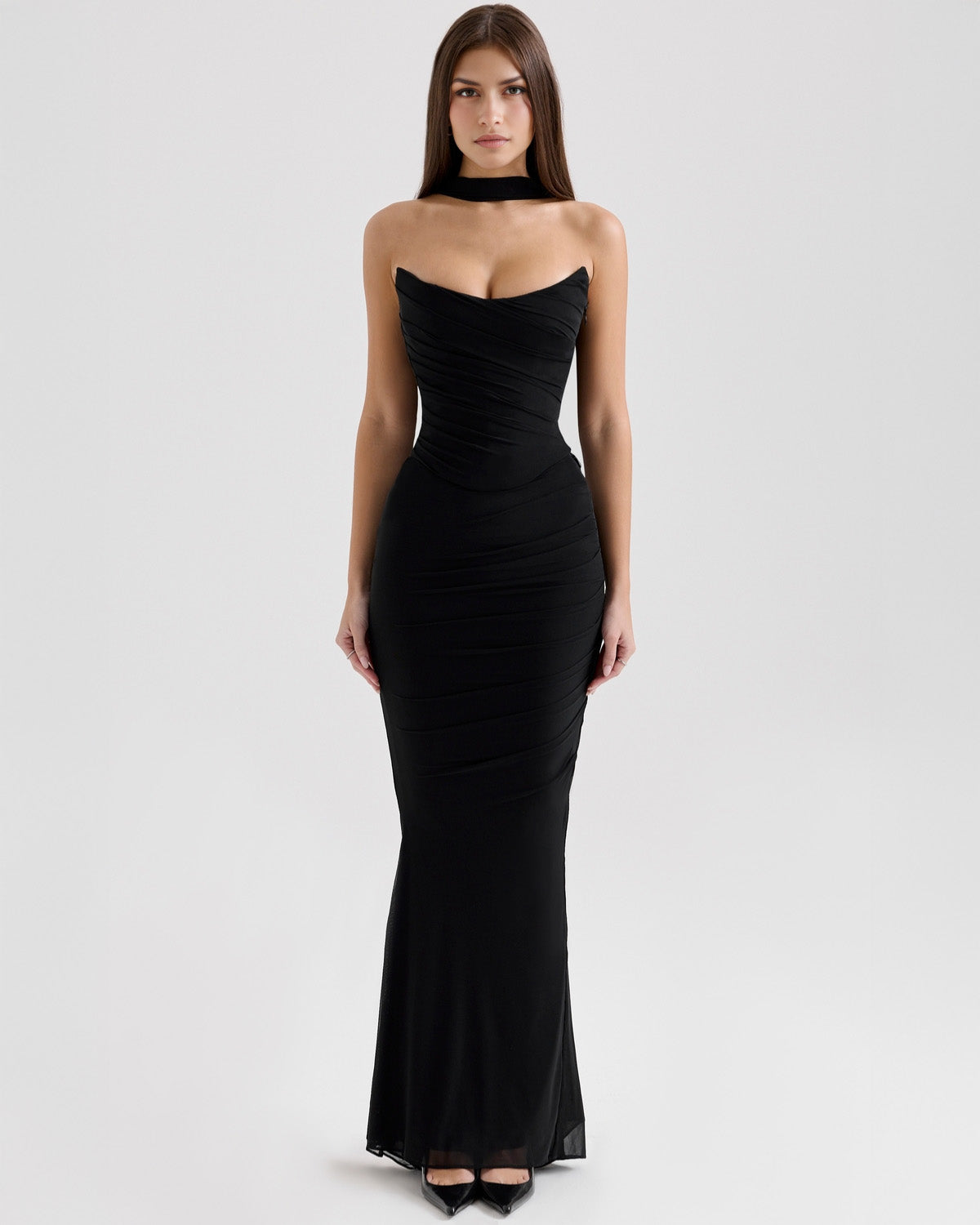 Strapless Corset Sweetheart Ruched Bodice Fabric Choker Bodycon Maxi Dress