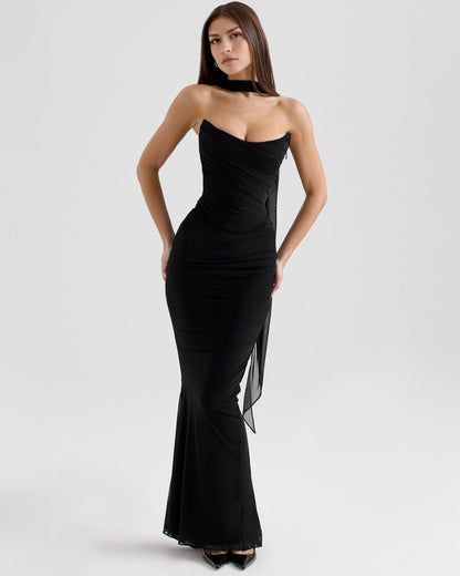 Strapless Corset Sweetheart Ruched Bodice Fabric Choker Bodycon Maxi Dress