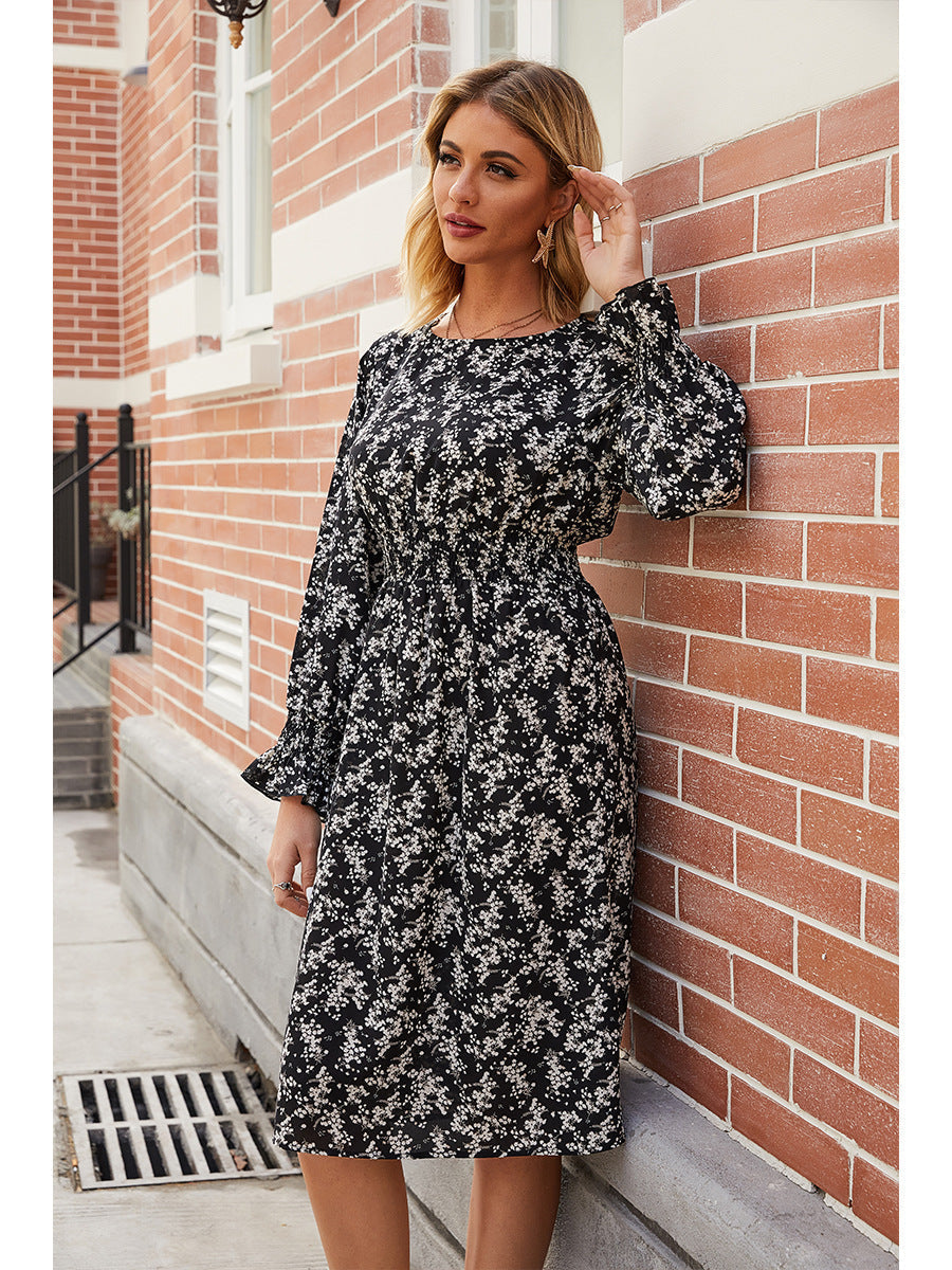 Crew Neck Smocked Waist Ditsy Floral Ruffle Cuff Midi Dress