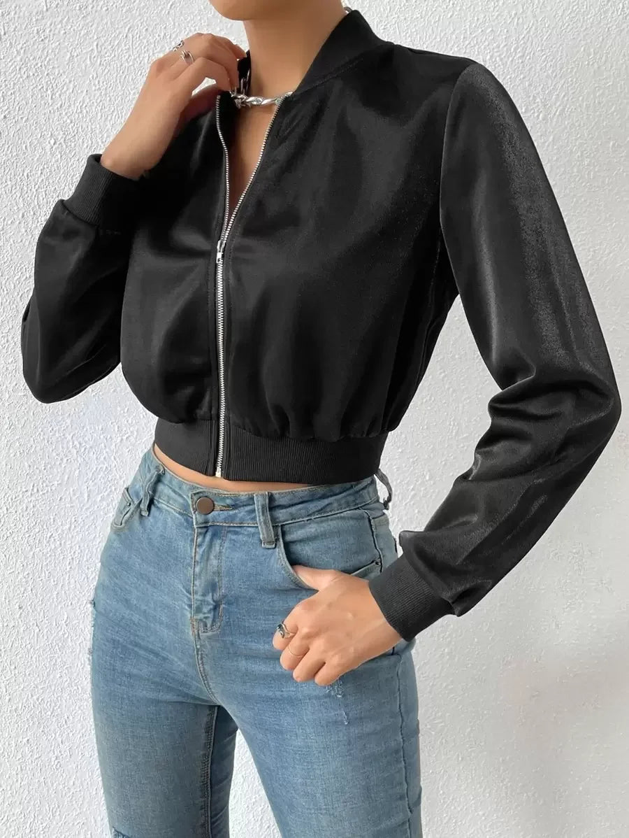 Solid Zip Up Crop Bomber Jacket With Baseball Collar