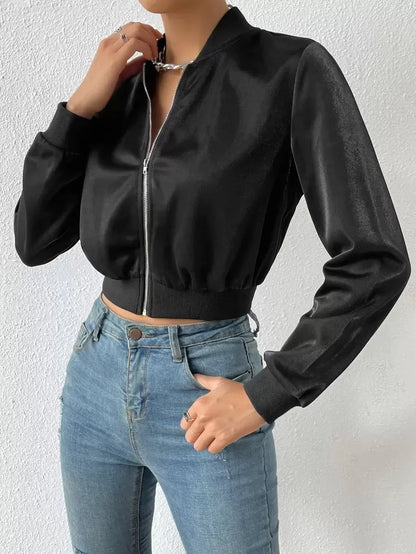 Solid Zip Up Crop Bomber Jacket With Baseball Collar
