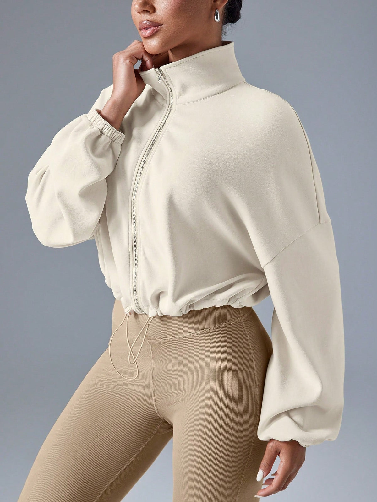 Cropped Zip Jacket For Women With Stand Collar And Pocket Details Lightweight Sporty Outdoor